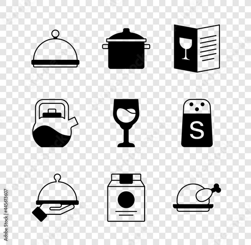 Set Covered with tray, Cooking pot, Restaurant cafe menu, of food, Online ordering and delivery, Roasted turkey chicken, Kettle handle and Wine glass icon. Vector