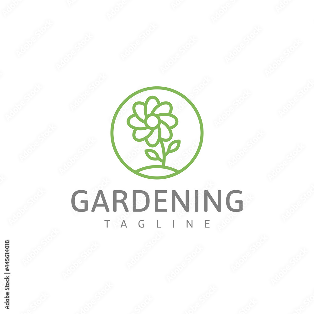 Gardening green logo, potted plant vector illustration
