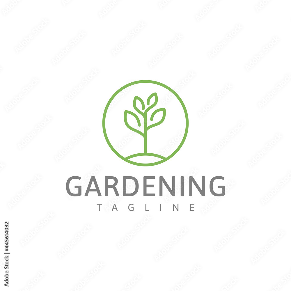 Fototapeta premium Gardening green logo, potted plant vector illustration