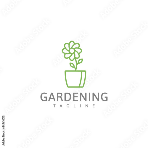 Gardening green logo, potted plant vector illustration