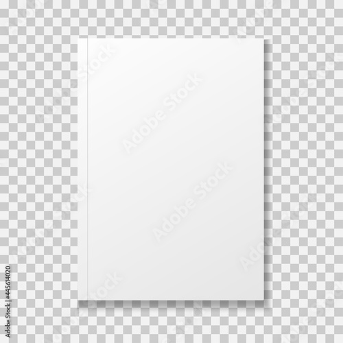Realistic blank book isolated on transparent background. Closed vertical brochure page, notebook, magazine, booklet, cover. 3d mockup template for your design. Blank paper white sheets. Vector