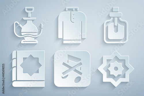 Set Speaker mute, Perfume, Holy book of Koran, Octagonal star, Shirt kurta and Hookah icon. Vector