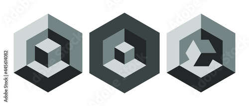 Modern abstract Isometric figures set. Black and gray hexagon with cube. Vector isolated on white background.