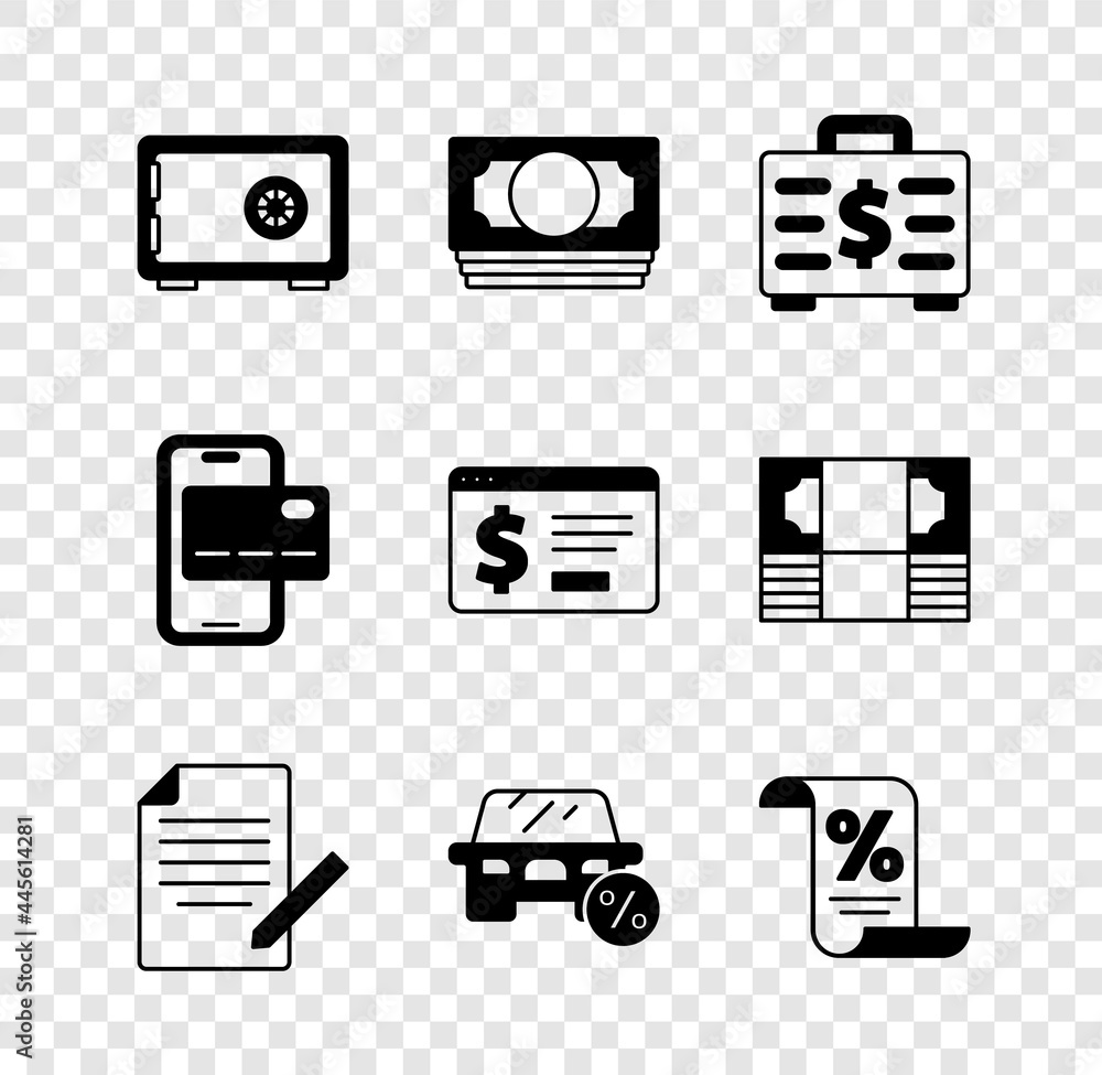 Set Safe, Stacks paper money cash, Briefcase and, Document pen, Car leasing percent, Finance document, Mobile banking and Online with dollar icon. Vector Set Safe, Stacks paper money cash, Briefcase and, Document pen, Car leasing percent, Finance document, Mobile banking and Online with dollar icon. Vector