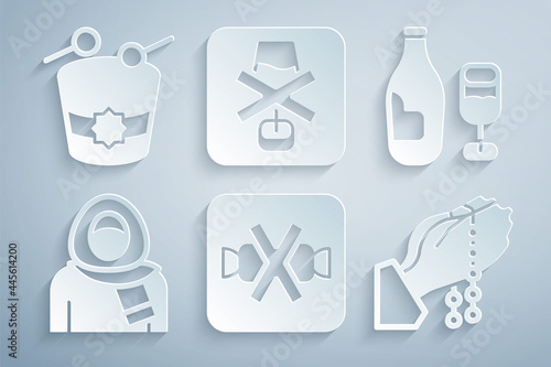 Set No sweets, Wine bottle with glass, Muslim woman hijab, Hands praying position, alcohol and Ramadan drum icon. Vector