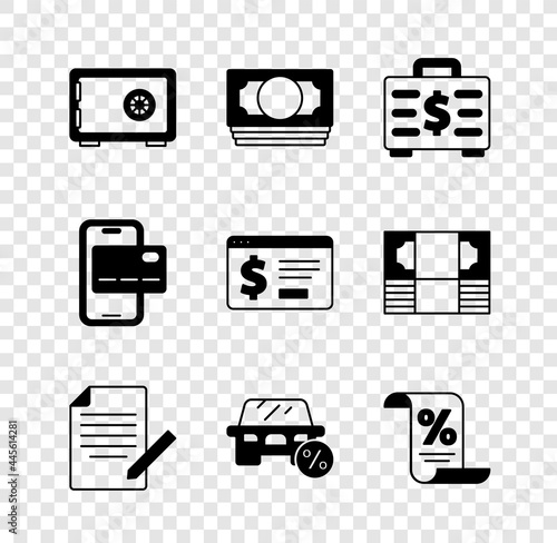Set Safe, Stacks paper money cash, Briefcase and, Document pen, Car leasing percent, Finance document, Mobile banking and Online with dollar icon. Vector © vector_v