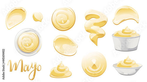 Mayonnaise in bowl, bottle, stains and splash set. Condiment white sauce icon set. Top and front view vector illustration.