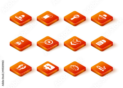 Set Mexican wrestler, Mustache, Tequila bottle, Gong, Taco with tortilla, Poncho, Cigar and Salt icon. Vector