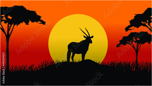 Photos Vector Landscape Illustration of Beautiful mountain landscape with Gemsbok, Africa tree, and forest