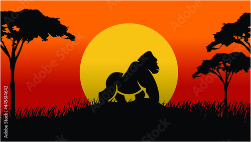 Vector Landscape Illustration of Beautiful mountain landscape with Gorilla, Africa tree, and forest. sunrise and sunset in mountains.