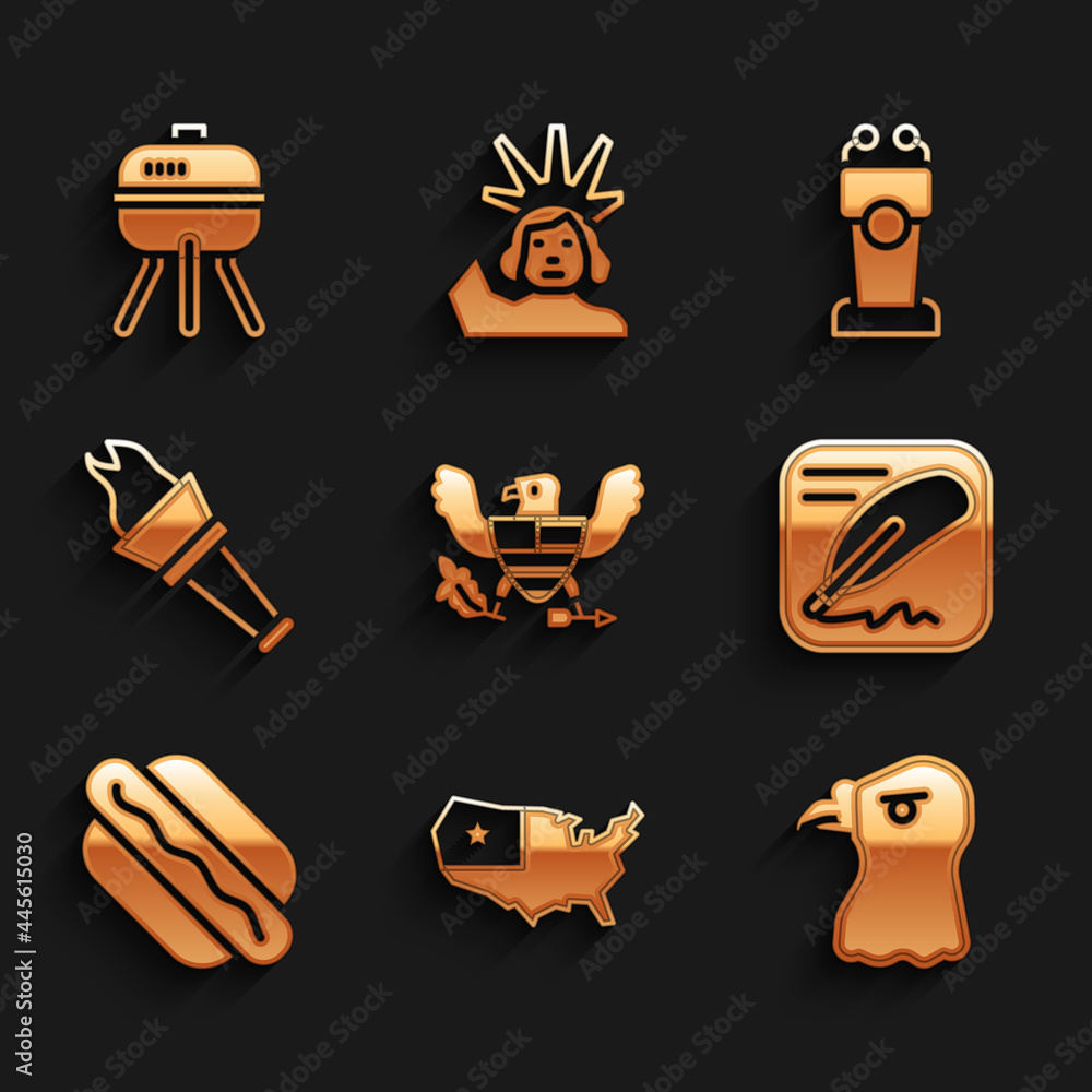 Set Eagle, USA map, head, Declaration of independence, Hotdog sandwich, Torch flame, Stage stand tribune and Barbecue grill icon. Vector Set Eagle, USA map, head, Declaration of independence, Hotdog sandwich, Torch flame, Stage stand tribune and Barbecue grill icon. Vector