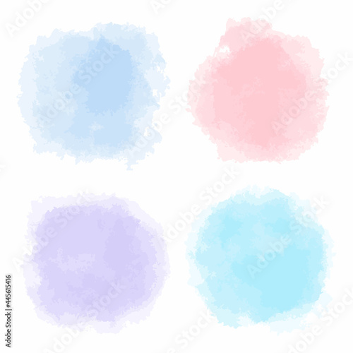 Hand drawn abstract pastel colors watercolor stains on white background. Blue, turquoise, pink, lilac round shape splashing spot set. Collection of paint brush strokes. Vector design elements isolated