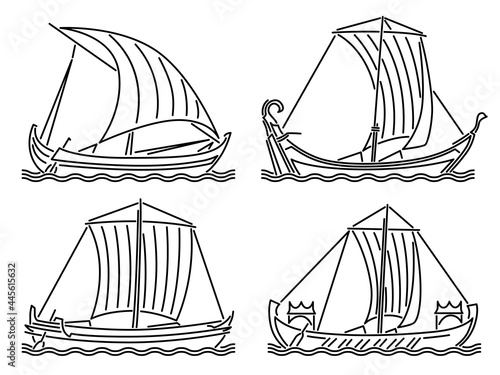 Set of simple vector images of single-masted ships of the early Middle Ages drawn in art line style.