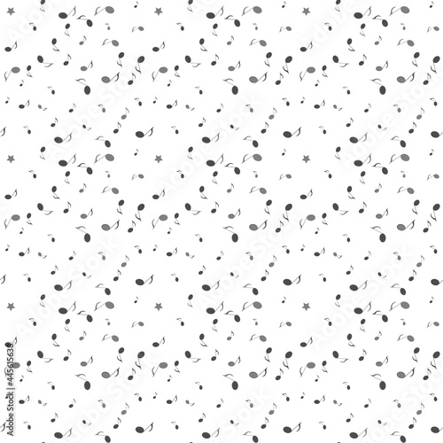 Gray musical notes and stars are randomly scattered over the transparent background.