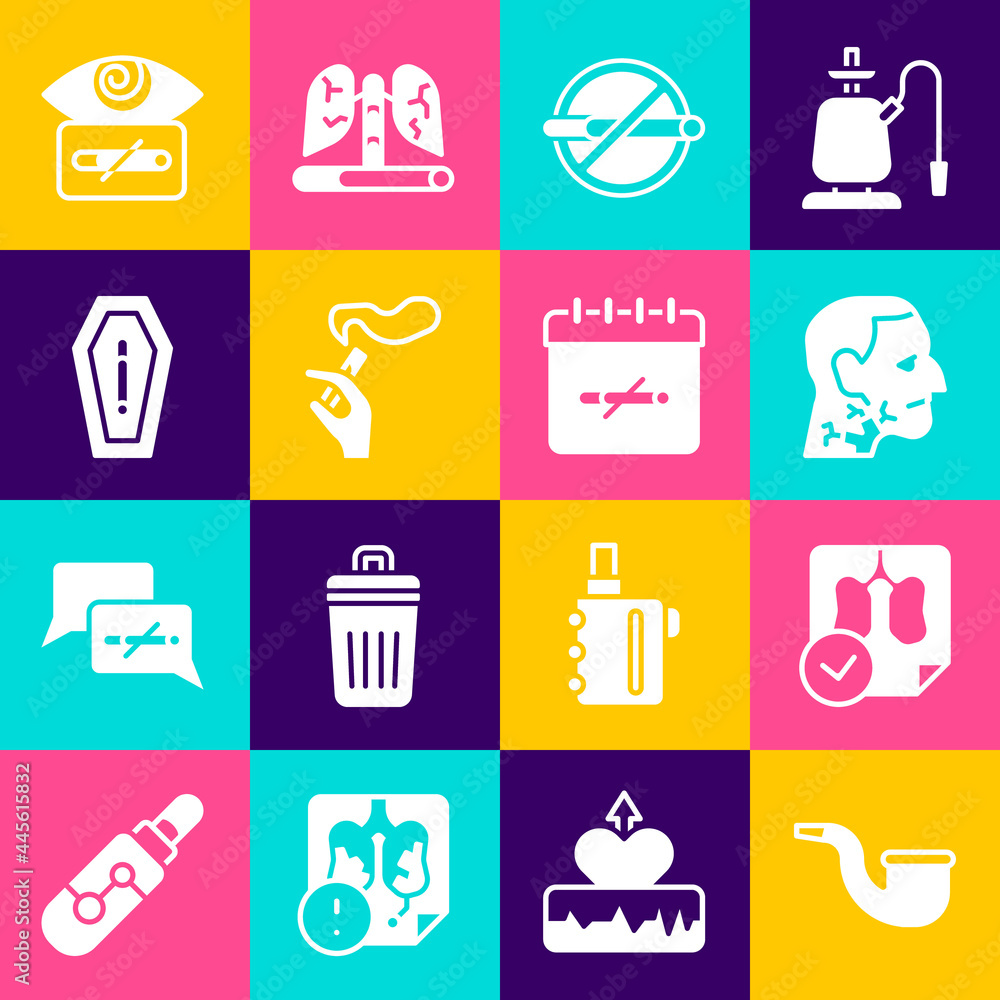 Set No pipe smoking, Lungs x-ray diagnostics, Throat cancer, Hand with cigarette, Death from, Hypnosis and days icon. Vector Set No pipe smoking, Lungs x-ray diagnostics, Throat cancer, Hand with cigarette, Death from, Hypnosis and days icon. Vector