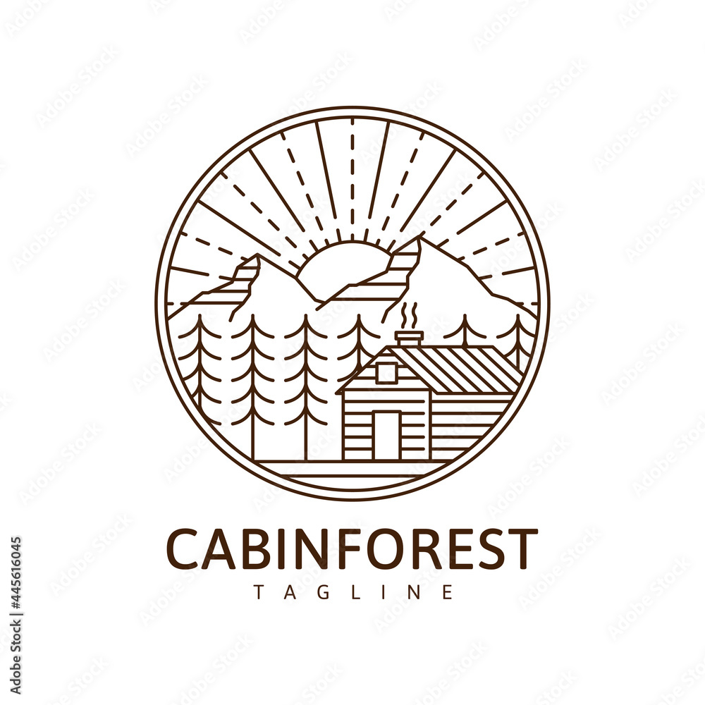 Cabin in the forest illustration monoline or line art style, cabin, tree, mountain, sun, forest vector design Cabin in the forest illustration monoline or line art style, cabin, tree, mountain, sun, forest vector design