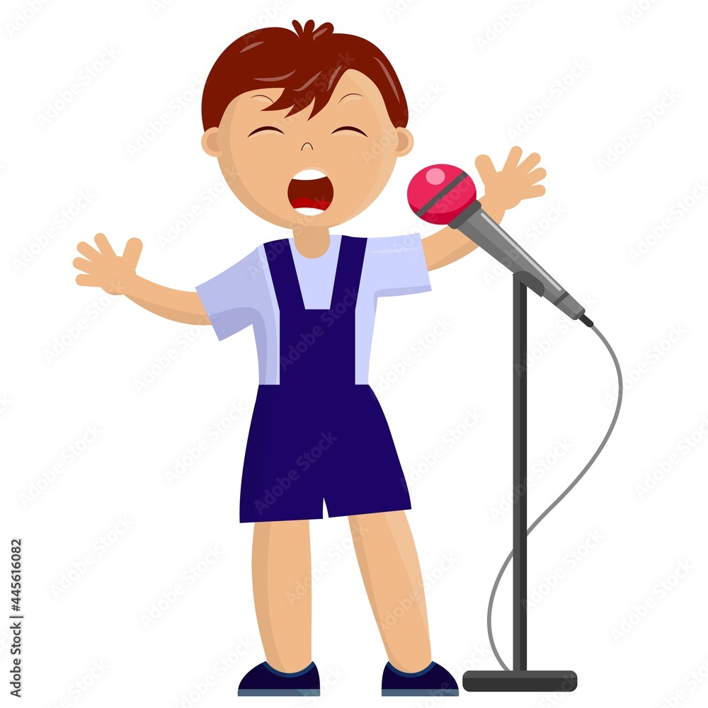 Boy sings a song into a microphone on a white background. Children's music festival. Boy sings a song into a microphone on a white background. Children's music festival.