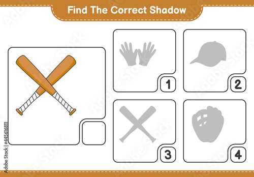 Find the correct shadow. Find and match the correct shadow of Baseball Bat. Educational children game, printable worksheet, vector illustration