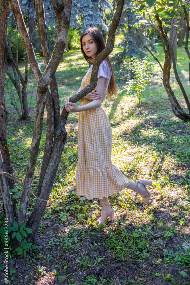 Long-haired beautiful brunette in a yellow sundress stands in a sunny forest Long-haired beautiful brunette in a yellow sundress stands in a sunny forest