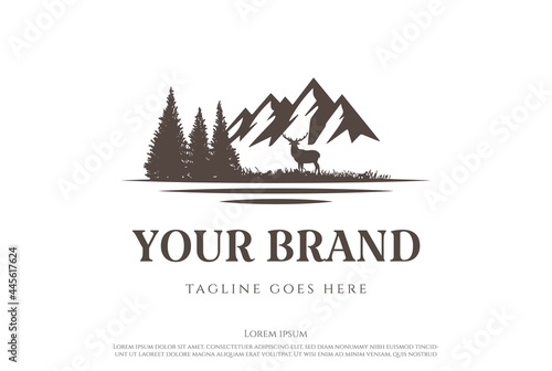 Ice Snow Mountain with Pine Cedar Conifer Evergreen Cypress Hemlock Larch Fir Forest and Lake River Creek for Hunting Adventure Logo Design Vector © AFstudio87