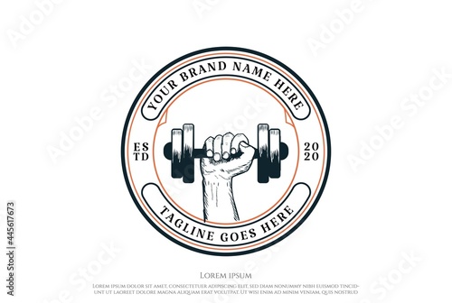 Vintage Retro Muscular Hand Hold Dumbbell for Gym Fitness Sport Club Logo Design Vector