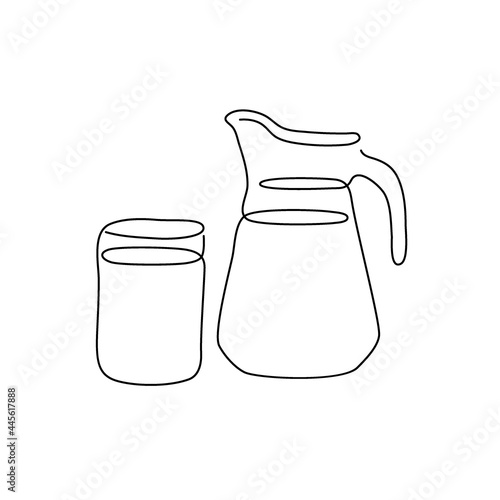 Pitcher with a glass of milk continuous line drawing. One line art of dairy produce, milk products, milk, kefir, fermented baked milk, ayran, glass, jug.