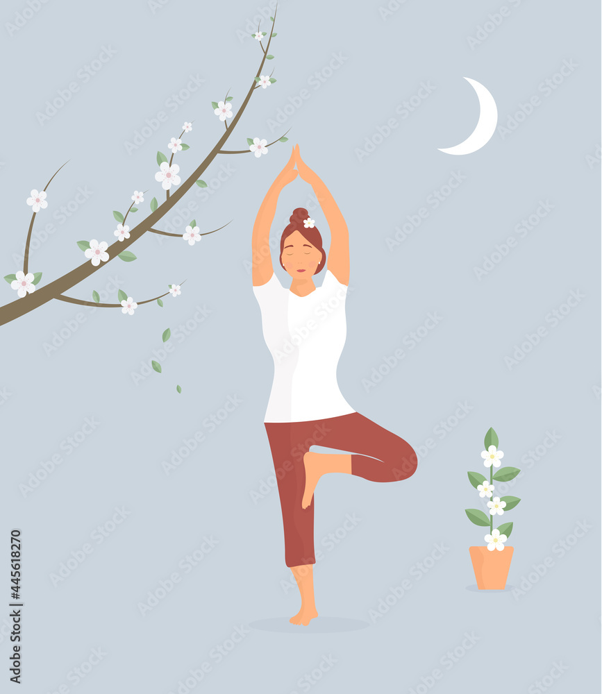 Girl in yoga pose standing on leg. Beautiful woman practicing yoga. Meditation. Meditate girl Girl in yoga pose standing on leg. Beautiful woman practicing yoga. Meditation. Meditate girl