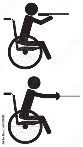 Black icon set of Paralympic sport on wheelchair, fencing and target shooting. Vector illustration