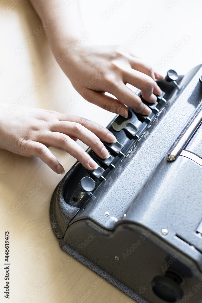Foto de Moscow, Russia - June 5, 2021: fingers press of Perkins ...
