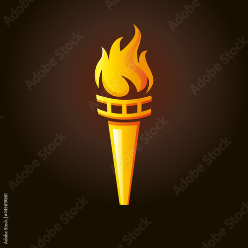 Flaming torch logo concept. Sport fire gold colored creative sign. Competitions, union, club or confederacy icon with flames. Isolated abstract graphic design template.