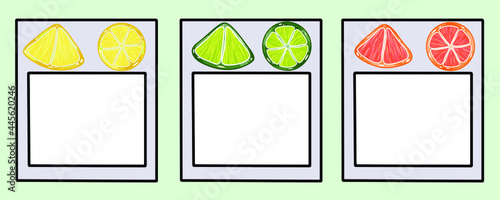 Original sticker design featuring citrus, lime,orange, grapefruit, lemon. Frame for photos or drawings. Stickers for cafes or bars, checks, customer wishes. Vector stickers for notes, study, postcard