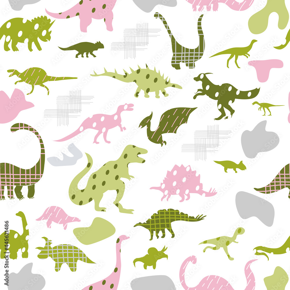 Fototapeta premium Seamless pattern with cute silhouettes baby dinosaurs. Jurassic,mesozoic reptiles with different prints.Various dino characters in pastel color.Prehistoric illustration.Childish wrapping paper