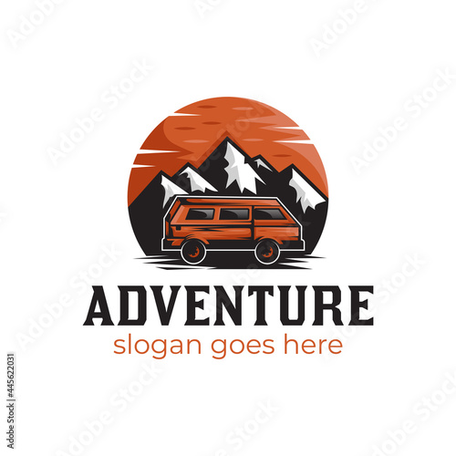 vintage landscape mountain with sunset and car traveler for adventure outdoors logo design