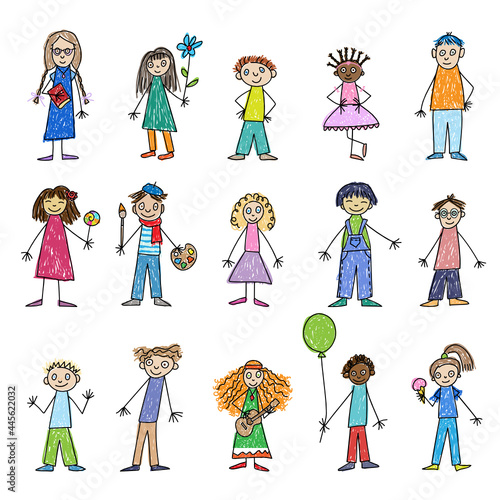 Congratulations with Childrens day. Colorful hand drawing vector illustration with fifteen children of different nationalities and races with flower, green balloon, lollipop, ice-cream and with vario