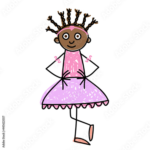 Children ballet classes. Dark skinned african american little ballerina with brown eyes in pink costume and pink dance shoes makes her exercises vector illustration kids Drawing style