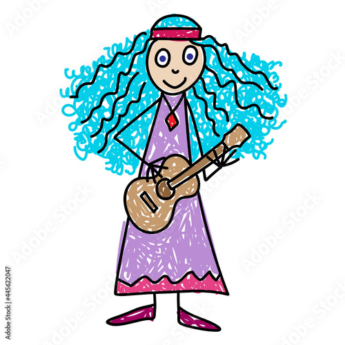 Children music classes. Little girl with long blue curly hair playing guitar. Kids Drawing style vector