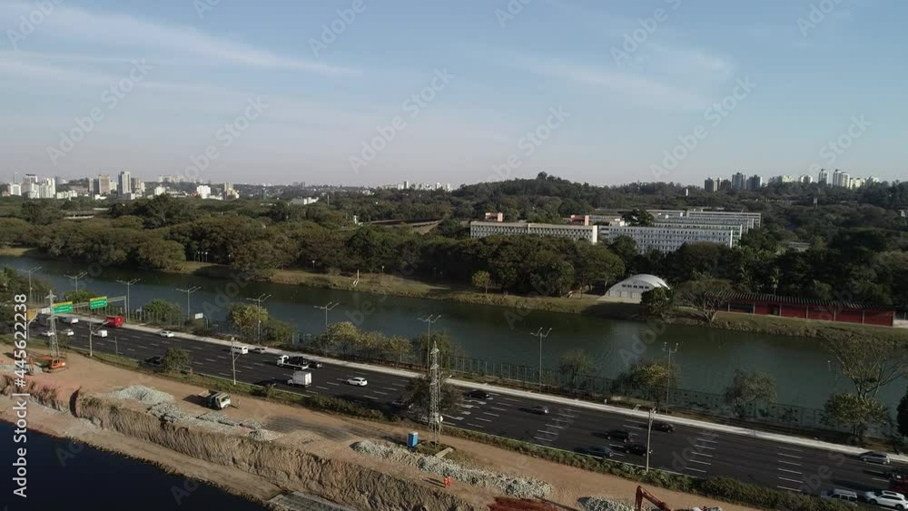 View of Marginal Pinheiros with the Pinheiros river and modern buildings in Sao Paulo, Brazil. View of Marginal Pinheiros with the Pinheiros river and modern buildings in Sao Paulo, Brazil.