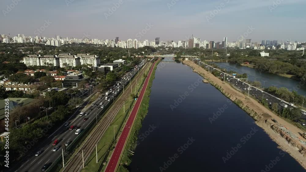 View of Marginal Pinheiros with the Pinheiros river and modern buildings in Sao Paulo, Brazil. View of Marginal Pinheiros with the Pinheiros river and modern buildings in Sao Paulo, Brazil.