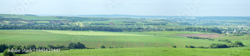 Beautiful panorama of agricultural fields and hills on a summer day in Ukraine