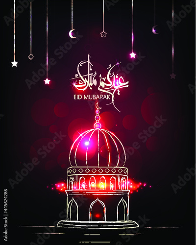 Illustration of Eid Mubarak and Humanitarian Aid. cute islamic and arabic calligraphy greeting background Aid el fitre and el adha mubarak and mabrok. traduction: greeting  muslim community festival photo