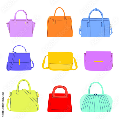 A flat vector cartoon set of fashionable modern bags of various shapes and sizes. Isolated design on a white background.