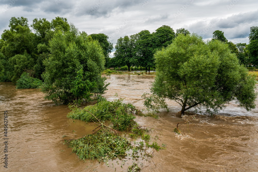 Threatening flood on the Wupper near Leverkusen, Germany