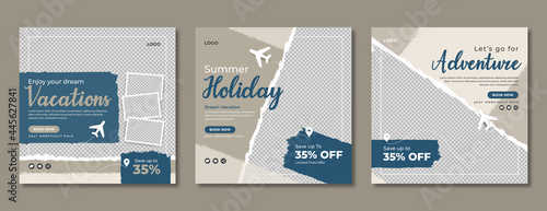 Holiday travel social media banner template design. Travelling, tour or tourism business online marketing web post or poster. Summer beach traveling flyer with logo, icon, abstract background. 
