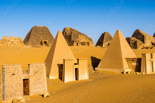 Meroe pyramids in the Sahara desert photo