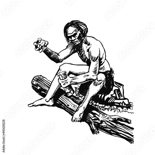 Caveman makes fire. Sketch Drawing Neanderthal man (Homo sapiens neanderthalensis).