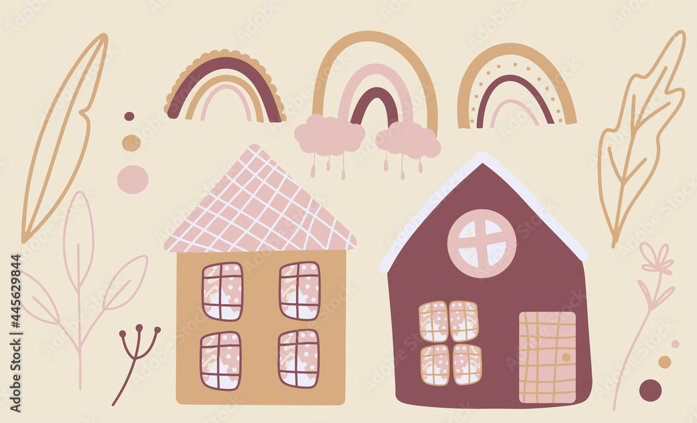 collection of elements with cute houses, a set of illustrations with rainbows and botanical elements, delicate colors, cartoon houses, a simple and cute style, printing on notebooks, wallpaper 