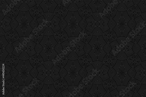 3D volumetric convex embossed black background. Ethnic oriental  asian  indian pattern with handmade elements. Geometric abstract texture for design and decoration.