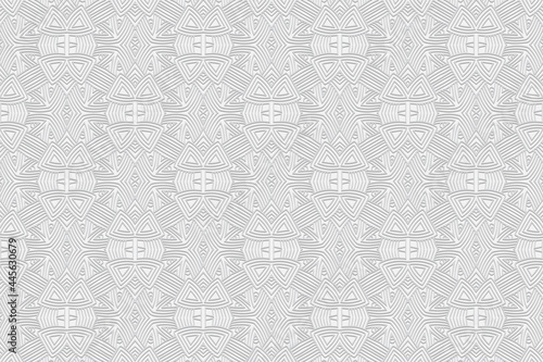 3D volumetric convex embossed white background. Ethnic oriental, asian, indian pattern with handmade elements. Geometric beautiful decorative texture for design and decoration.