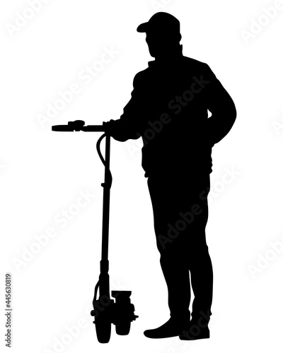 Young athlete on scooter for extreme stunts. Isolated silhouette on a white background