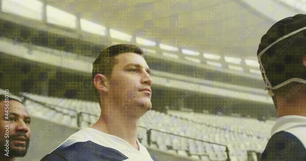 Animation of colourful squares over male rugby players at stadium Animation of colourful squares over male rugby players at stadium